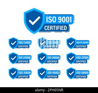 Etichette e francobolli certificati ISO. Sistema di gestione della qualità certificato Illustrazione Vettoriale