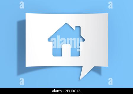 Icona Casa su Cutout White Paper Speech Bubble su sfondo blu. rendering 3D Foto Stock