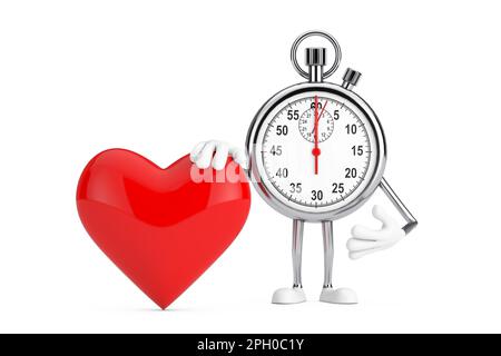 Moderno Stopwatch Cartoon personaggio persona Mascot con cuore rosso su uno sfondo bianco. rendering 3D Foto Stock