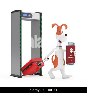 Cartoon Cute Dog con Suitcase Holding PET Passport documento con biglietto d'imbarco Airlines Walk attraverso i cancelli di sicurezza sicuri con Metal Detectors Foto Stock