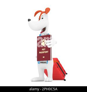 Cartoon Cute Dog con custodia rossa con documento di passaporto Red PET con biglietto d'imbarco Airlines su sfondo bianco. rendering 3D Foto Stock