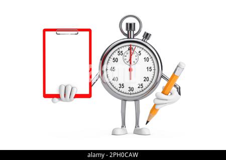 Mascotte personaggio personaggio Cartoon moderno con Clipboard, carta e matita in plastica rossa su sfondo bianco. rendering 3D Foto Stock