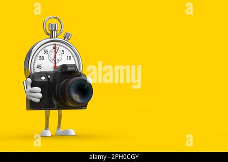 Moderno Stopwatch Cartoon personaggio persona Mascot con fotocamera digitale moderna su sfondo giallo. rendering 3D Foto Stock