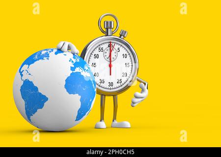 Moderno Stopwatch Cartoon personaggio persona Mascot con Terra Globe su uno sfondo giallo. rendering 3D Foto Stock