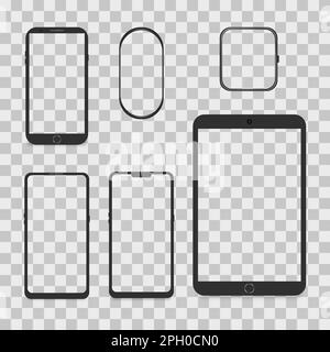 Smartphone e tablet, dispositivi digitali moderni isolati su sfondo bianco. Vista frontale, illustrazione vettoriale 3D. Illustrazione Vettoriale