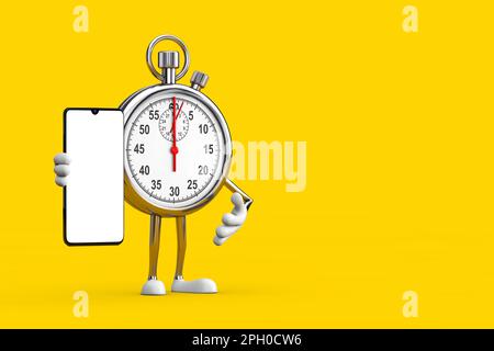 Moderno Stopwatch Cartoon personaggio persona Mascot e moderno telefono cellulare con schermo vuoto per il tuo design su uno sfondo giallo. rendering 3D Foto Stock