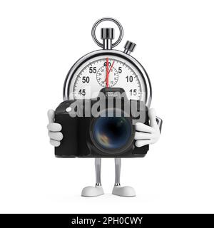 Moderno Stopwatch Cartoon personaggio persona Mascot con fotocamera digitale moderna su sfondo bianco. rendering 3D Foto Stock