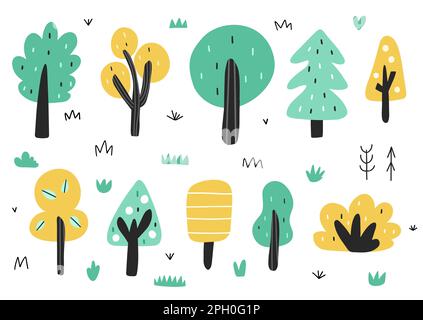 Alberi carini in stile cartoon collezione. Insieme di elementi isolati della foresta Illustrazione Vettoriale