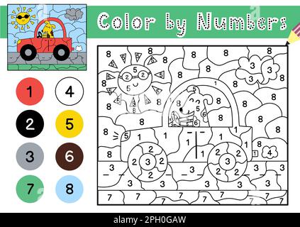 Gioco di colore per numeri per bambini. Pagina da colorare con un cane carino che guida un'automobile Illustrazione Vettoriale
