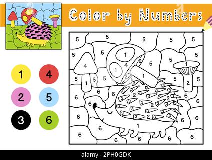 Gioco di colore per numeri per bambini. Pagina da colorare con un riccio carino che porta un fungo Illustrazione Vettoriale