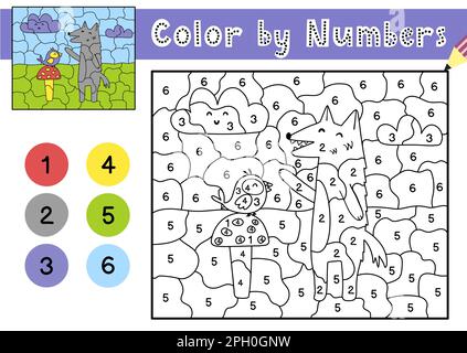 Gioco di colore per numeri per bambini. Pagina da colorare con un bel lupo e un uccello Illustrazione Vettoriale