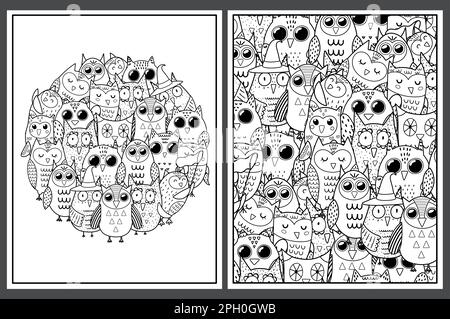 Pagine da colorare impostate con gufi carini. Doodle uccelli per libro da colorare Illustrazione Vettoriale