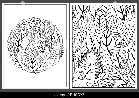Pagine da colorare impostate con foglie di doodle. Ornamento floreale per libro da colorare Illustrazione Vettoriale