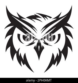Icona vettoriale in bianco e nero minima OWL. Logo artistico isolato. Idee tatuaggio di saggio animale. Illustrazione Vettoriale