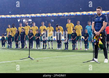 I Socceroos Australiani si allineano prima della partita tra Australia ed Ecuador al CommBank Stadium il 24 marzo 2023 a Sydney, Australia Foto Stock