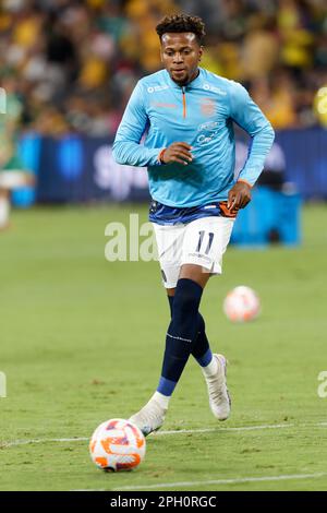 Michael Estrada dell'Ecuador si scalda prima della partita tra Australia ed Ecuador al CommBank Stadium il 24 marzo 2023 a Sydney, Australia Foto Stock