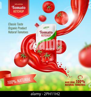 3d salsa ketchup, contenitore di plastica. Etichetta di pomodoro rosso biologico, pubblicità di prodotti alimentari, frutta volante e succo di verdura in movimento, schizzi di liquido. Modello banner. Disegno vettoriale sfondo realistico Illustrazione Vettoriale