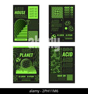 Rave music, acid trippy posters. Retro smile psychedelic rave party, 3d rave game, future streetwear or toxic neon flyers. Modern futuristic design. Green isolated objects. Vector graphic design Illustrazione Vettoriale
