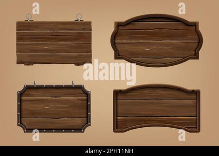3D cartelli in legno. Struttura del legno. Legname naturale. Vecchio bar o salone tavolo d'epoca. Cornice rustica invecchiata. Cartelloni vuoti. Segnaletica per recinzioni. Asse marrone rustico. Set di cartelli realistici con isolamento vettoriale Illustrazione Vettoriale