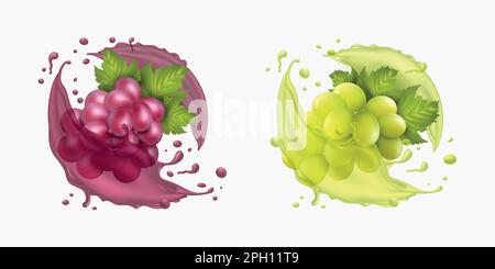 Grappolo d'uva, succosa frutti di bosco realistici con succo fresco in movimento. Gocce d'acqua colorate. Autunno vino piante naturali, Bordeaux rosso, 3D splash, cantina agricola. Set realistico vettore bevande alcoliche Illustrazione Vettoriale