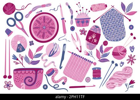 Set maglia, lavorazione filato, palla di lana. Forniture per hobby, filo fatto a mano per le agugliature di lana, attrezzature per cucire, aghi, abbigliamento fatto a mano. Ricamo e crochet hobby. Collezione di doodles per cartoni animati vettoriali Illustrazione Vettoriale