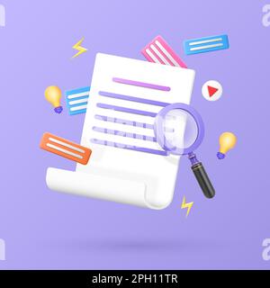 Ricerca di elementi applicativi. Ricerca di informazioni con la lente di ingrandimento. Biblioteca online. Studio su documenti cartacei. 3D Internet doc segni. Database di marketing aziendale. File Office. Rendering del contenuto vettoriale Illustrazione Vettoriale