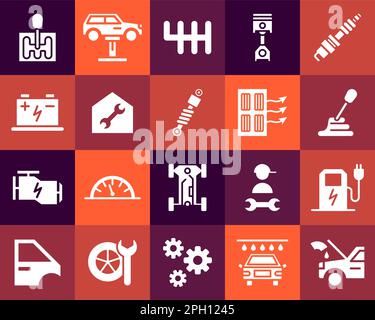 Servizio auto. Icone del freno di marcia. Pneumatico ruota. Pistone automatico. Olio motore. Chiave e chiave auto. Simboli di officina per riparazioni automobilistiche. Accumulatore elettrico del veicolo. Set di pittogrammi con silhouette isolate da vettore Illustrazione Vettoriale