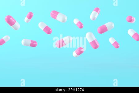 Capsule mediche volanti su sfondo blu con copyspace. Mascherina medica, capsule rosa e bianche levitate e cadere. rendering 3d Foto Stock