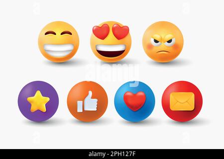 emoticon 3d, emoji per i social media. Belle facce, come e reazioni d'amore, espressioni cattive e arrabbiate, carino lucido giallo persone con emozioni. Cuore e stella in cerchio. Mail e logo vettoriale simile Illustrazione Vettoriale