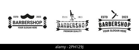 Logo barbiere minimalista. Salone di bellezza maschile. Barbershop nero silhouette emblemi di design set. Barba o baffi. Logotipo del servizio di acconciatura. Vecchio taglio elegante da parrucchiere. Tipografia vettoriale Illustrazione Vettoriale