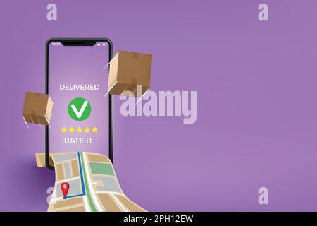 Negozio online. Applicazione per smartphone. Consegna dell'ordine. 3D confezione. Servizio telefonico gratuito e veloce. App digitale per vendita o vendita. Mappa logistica. Percorso di spedizione. Schermo mobile. Concetto di banner vettoriale Illustrazione Vettoriale