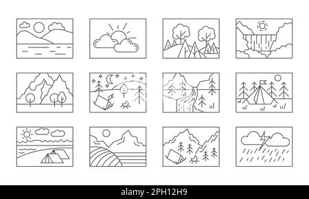 Foresta all'aperto. Icone di viaggio. Velivolo naturale e cielo paesaggio. Campeggio sul campo. Montagne cascata panorama. Nuvole e sole. Alberi di contorno. Quadri. Set di simboli di schizzo della linea di scenario vettoriale Illustrazione Vettoriale
