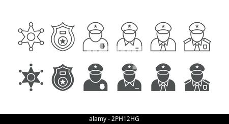 Pattuglia della polizia. Icone di protezione di sicurezza. Reparto traffico stradale. Uomo pilota o di sicurezza. Servizio di emergenza. Autorità di legge. Stemmi Sheriff. Poliziotto in uniforme. Set di logo con linea vettoriale o silhouette nera Illustrazione Vettoriale