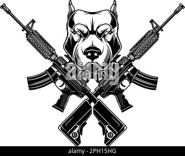 Testa di cane arrabbiata con fucili d'assalto incrociati. Elemento di design per poster, emblema, cartello. Illustrazione vettoriale Illustrazione Vettoriale