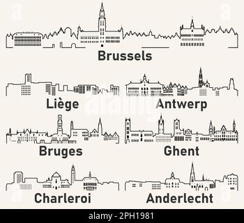 Le città del Belgio delineano il set di vettori delle linee di cielo Illustrazione Vettoriale