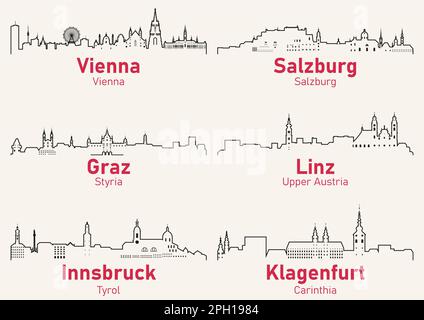 Austria città delineare skyline vettore set Illustrazione Vettoriale