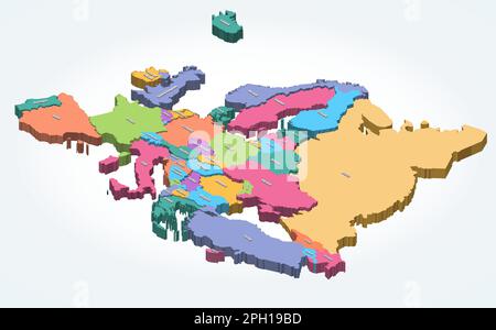 Mappa Europa 3D (isometrica) colorata per regioni Illustrazione Vettoriale