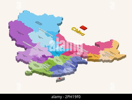 Province della Cina mappa isometrica colorata con iscrizioni. Illustrazione con isolamento vettoriale Illustrazione Vettoriale