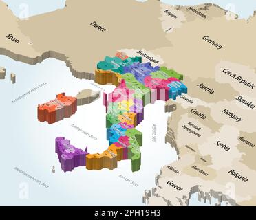 Mappa isometrica dei comuni italiani colorata per regioni amministrative con paesi vicini Illustrazione Vettoriale