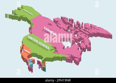 Mappa del Nord America 3D (isometrica) su sfondo azzurro con iscrizioni volumetriche Illustrazione Vettoriale