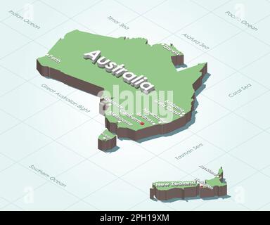 Australia e Nuova Zelanda 3D (isometrica) mappa con le città più grandi su di esso Illustrazione Vettoriale