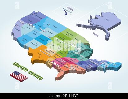 Mappa isometrica degli Stati Uniti colorata per regioni Illustrazione Vettoriale