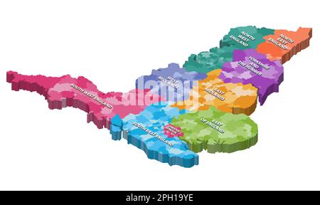 Mappa isometrica delle contee dell'Inghilterra colorata per regioni Illustrazione Vettoriale