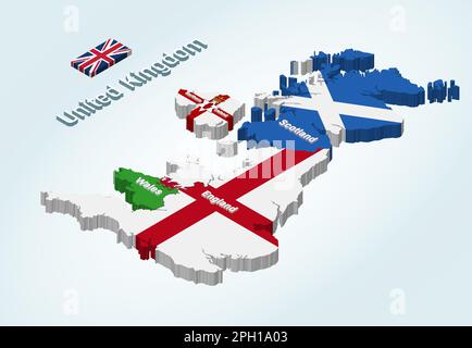 Mappa isometrica del Regno Unito con bandiere incorporate all'interno delle sagome dei paesi Illustrazione Vettoriale