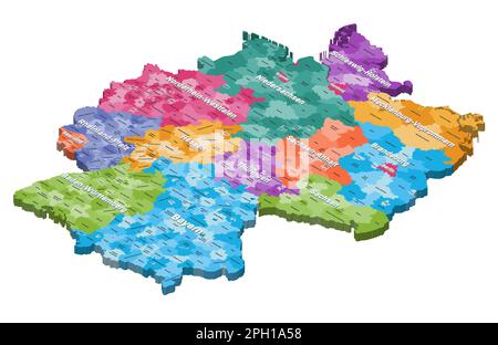Mappa isometrica della Germania colorata da stati e distretti amministrativi, con iscrizioni Illustrazione Vettoriale