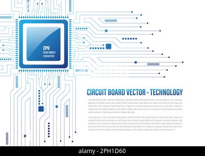 Processore a microchip su circuito stampato su sfondo blu. Computer quantistico, elaborazione di grandi quantità di dati, concetto di database. Banner isometrico CPU. Digitale Illustrazione Vettoriale