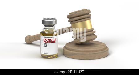 Flacone di vaccino Covid-19 e gavel del giudice di legno. Decisioni legislative sul concetto di vaccinazione. 3D illustrazione sfondo bianco, percorso di ritaglio dello spazio di copia Foto Stock