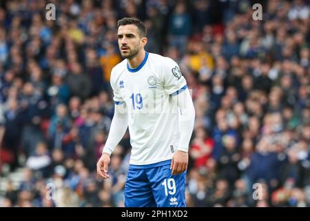 Glasgow, Regno Unito. 25th Mar, 2023. REGNO UNITO. La Scozia ha giocato a Cipro nel Campionato europeo 20324 Qualifiche a Hampden Park, Glasgow, Regno Unito. La Scozia ha vinto 3 - 0 con gol da McGinn (21 minuti) e McTominay (87 minuti e 90 3) Credit: Findlay/Alamy Live News Foto Stock