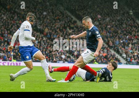 Glasgow, Regno Unito. 25th Mar, 2023. REGNO UNITO. La Scozia ha giocato a Cipro nel Campionato europeo 20324 Qualifiche a Hampden Park, Glasgow, Regno Unito. La Scozia ha vinto 3 - 0 con gol da McGinn (21 minuti) e McTominay (87 minuti e 90 3) Credit: Findlay/Alamy Live News Foto Stock