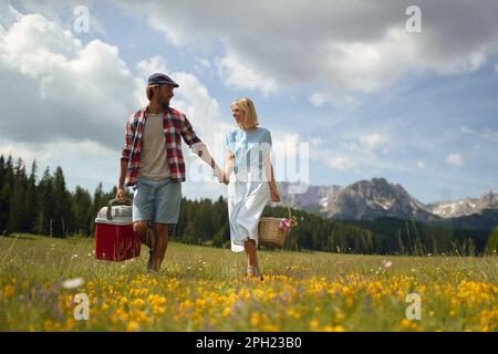 Una coppia sta andando fare un picnic in una bella giornata di sole nella natura. Relazione, natura, attività, amore Foto Stock